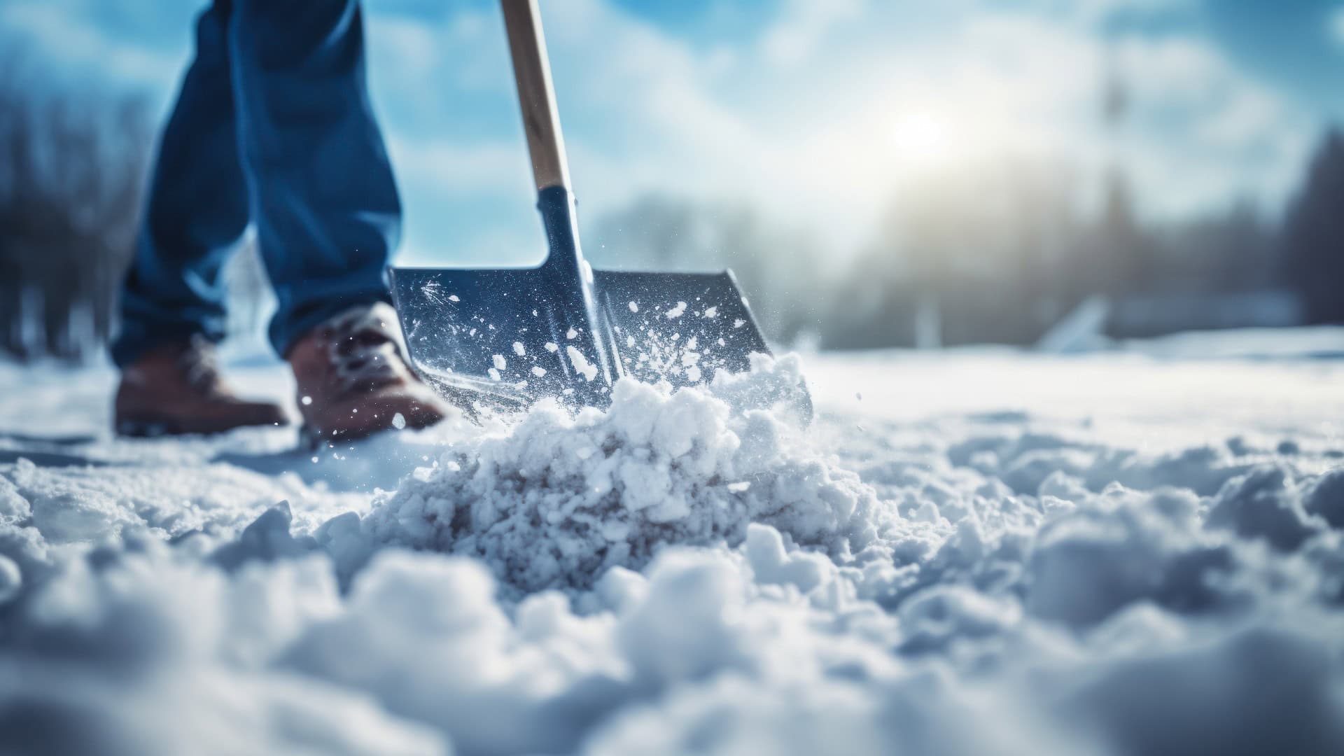 Ein Mann mit einer Schneeschaufel räumt im Winter Bürgersteige und Straßen. Winterzeit. Konzept der Freiwilligenarbeit.