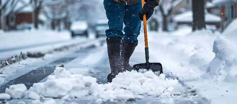 Hurricane aftermath Straßenarbeiter in Schutzkleidung schaufelt Bürgersteig und räumt eine schneebedeckte Straße eine Person mit einer Schneeschaufel, um Schnee zu räumen.