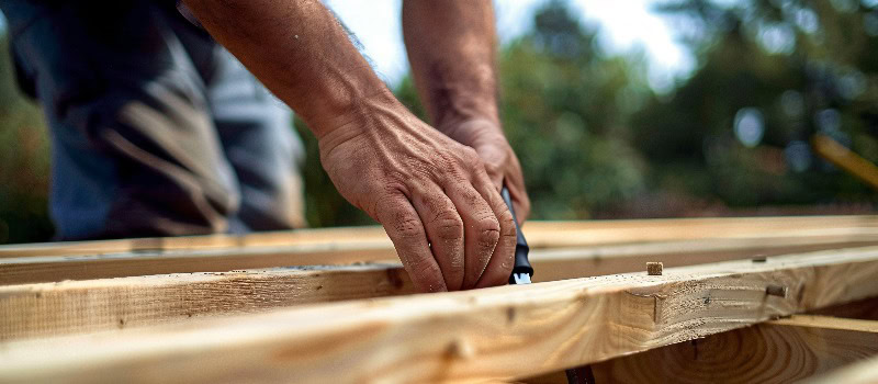 Nahaufnahme der Hände einer Person, die den Rahmen einer Pergola in einem Hinterhof zusammensetzt